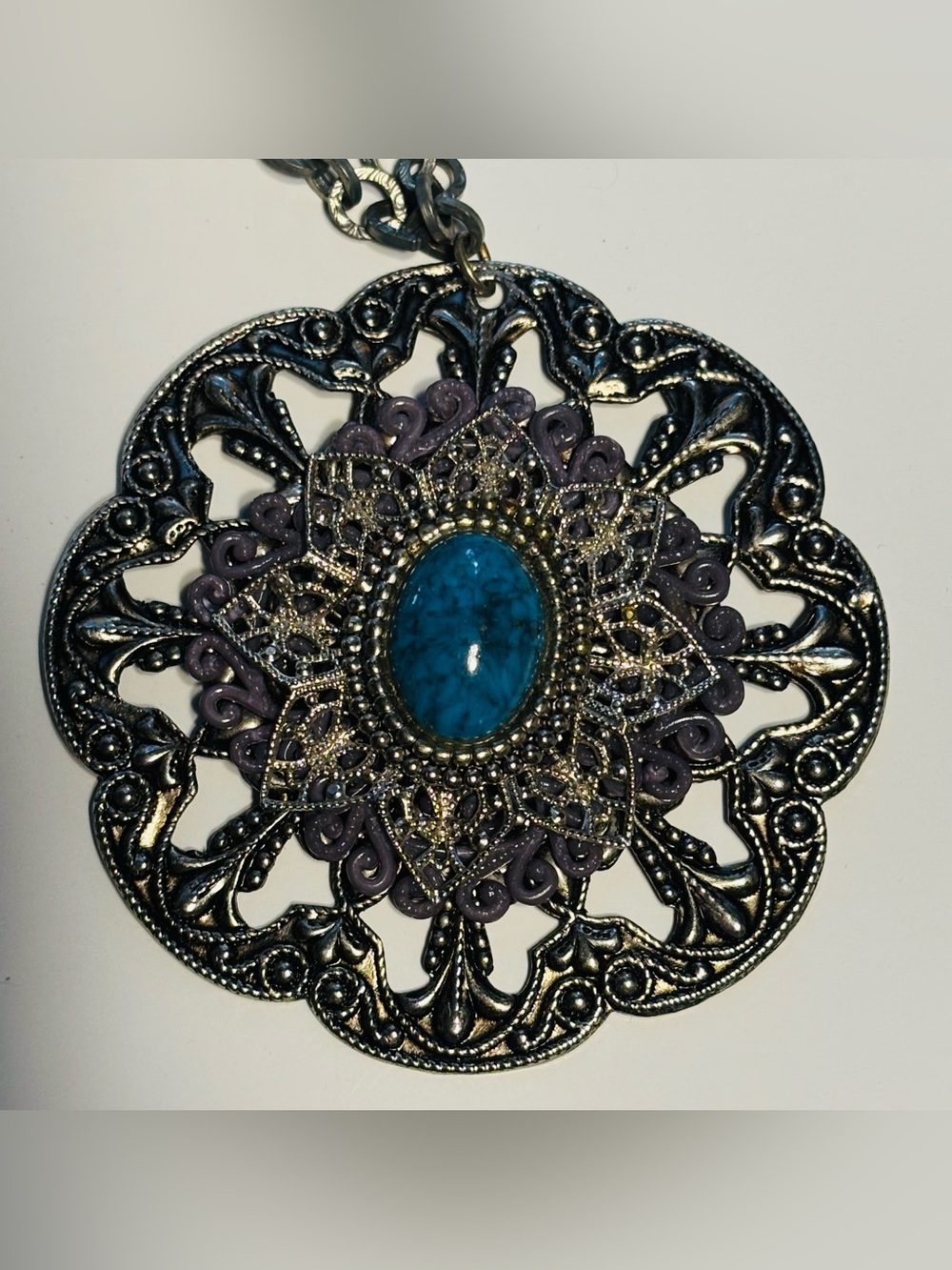 Vintage Large Boho Faux Turquoise Filigree Medallion Pendant Necklace 24" Chain